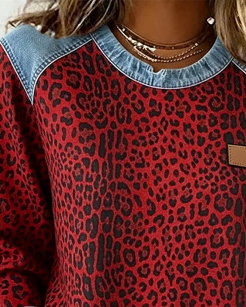 Lena | Damen Sweater Leopardenmuster Denim Patchwork Pullover Rundhals