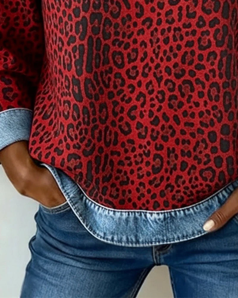 Lena | Damen Sweater Leopardenmuster Denim Patchwork Pullover Rundhals