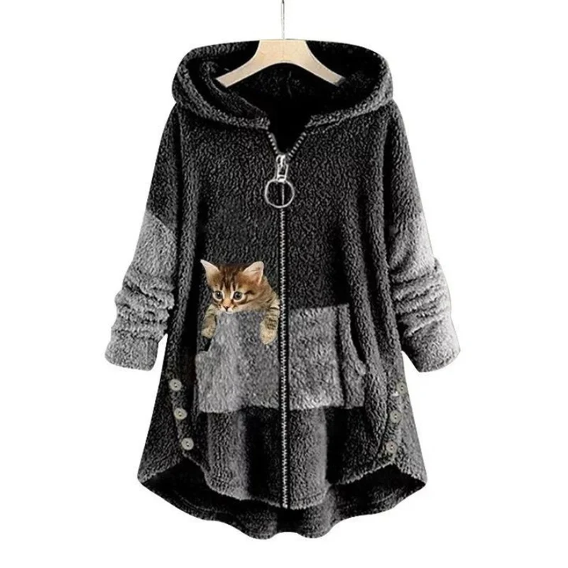 Elisabeth | Damen Plüsch Hoodie Pullover weicher Fleece-Reißverschluss-Sweatshirt mit Katzenmotiv