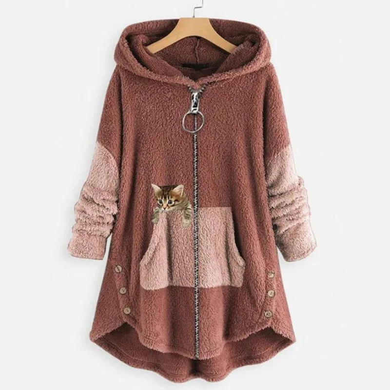 Elisabeth | Damen Plüsch Hoodie Pullover weicher Fleece-Reißverschluss-Sweatshirt mit Katzenmotiv