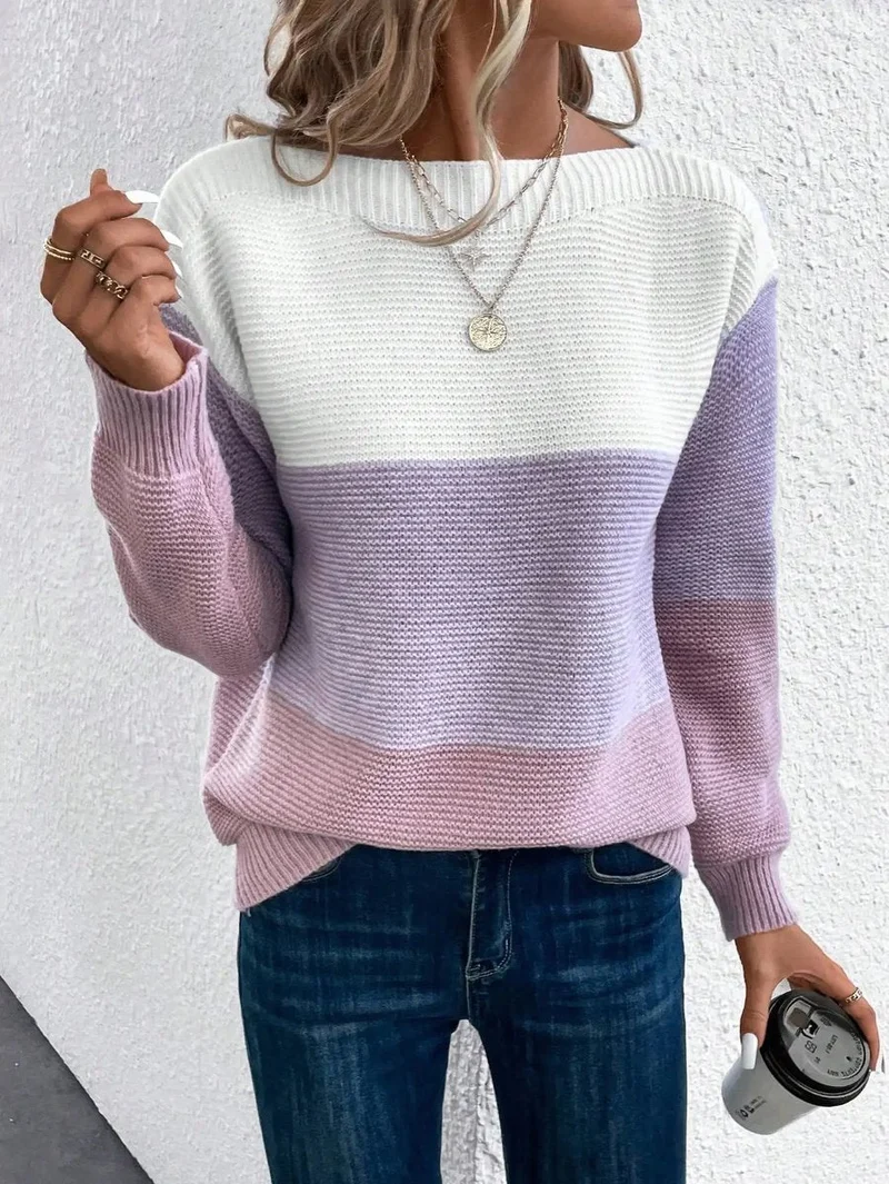Elisabeth | Damen Colorblock Knit Sweater Rundhals Relaxed Fit Strickpullover