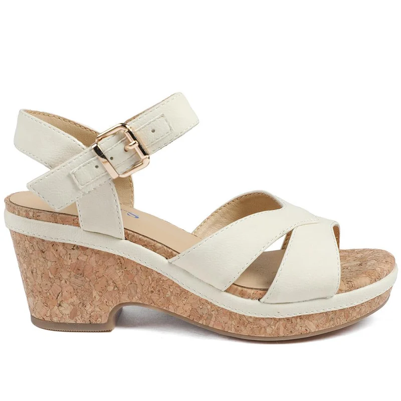 Patterned Cork Wedge Platform Sandals - WBINS43096 / 329 374 - Beige