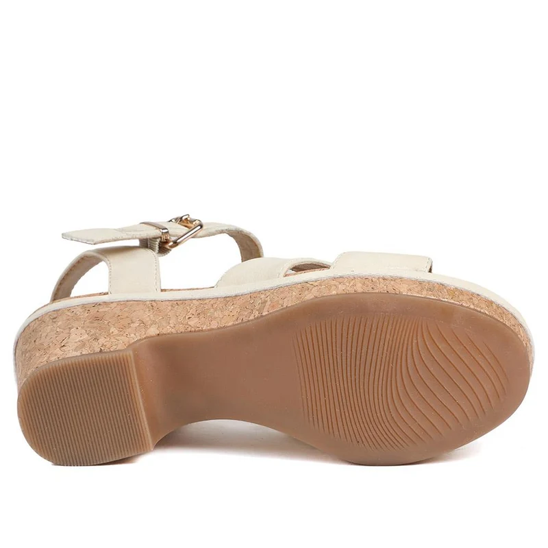 Patterned Cork Wedge Platform Sandals - WBINS43096 / 329 374 - Beige