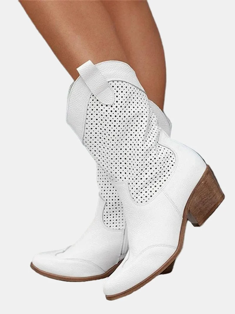 Luisa | Damen Perforierte Kniehohe Stiefel Westernstil Blockabsatz
