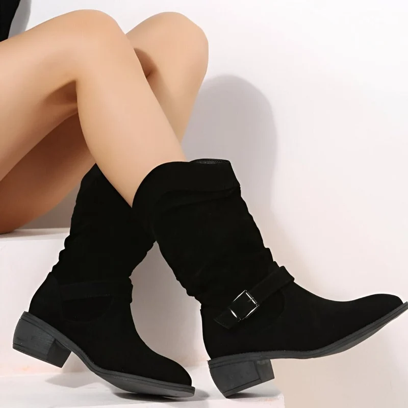 Frieda | Damen Wildlederimitat Knee High Boots Gefältelt Blockabsatz Reißverschluss