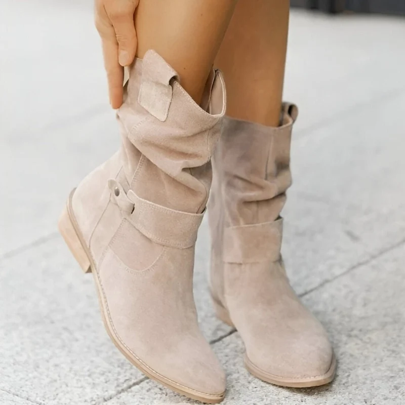 Frieda | Damen Wildlederimitat Knee High Boots Gefältelt Blockabsatz Reißverschluss
