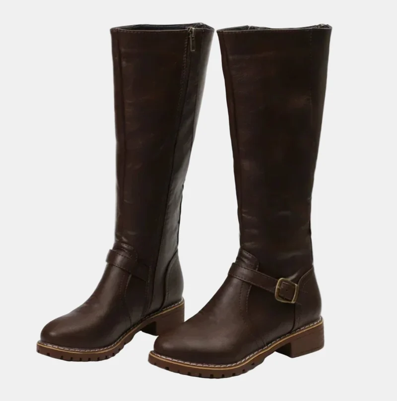 Annika | Damen Kniehohe Stiefel Schnalle Reißverschluss Kunstleder