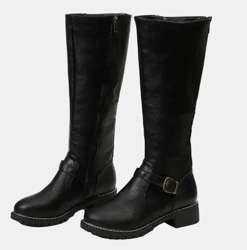 Annika | Damen Kniehohe Stiefel Schnalle Reißverschluss Kunstleder