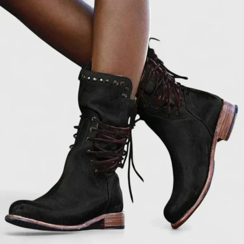 Marlene | Damen Vintage Schnür-Kniehohe Stiefel mit Nietendetails