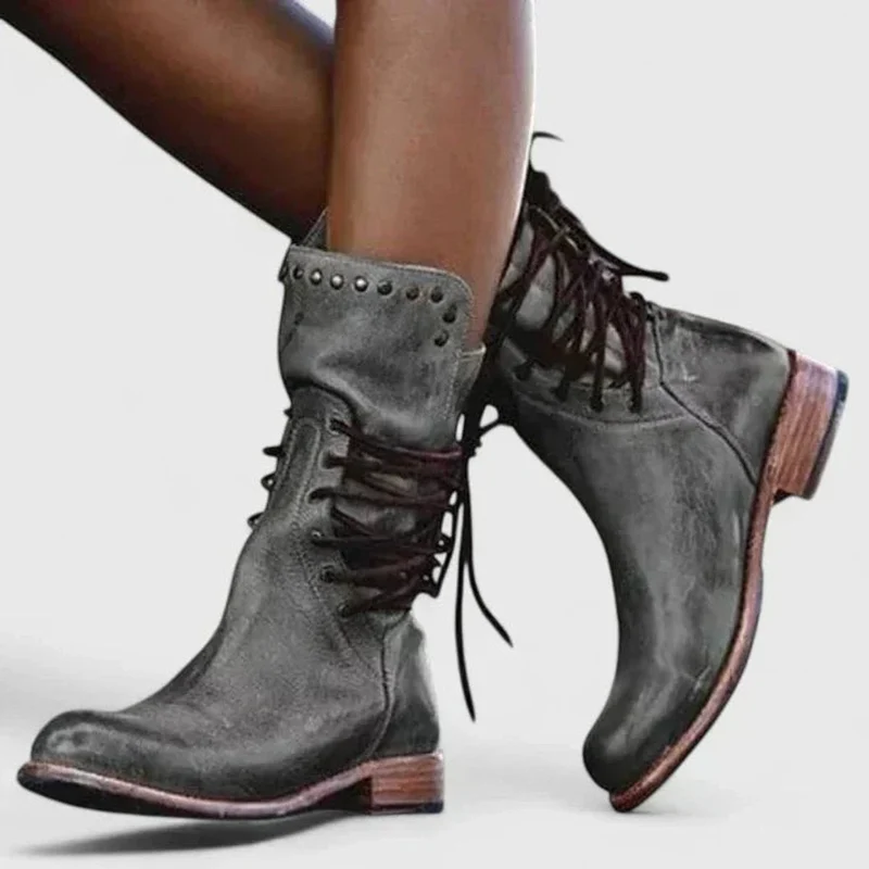 Marlene | Damen Vintage Schnür-Kniehohe Stiefel mit Nietendetails
