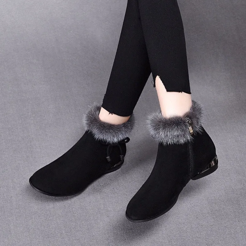Johanna | Damen Ankle Boots Wildleder-Optik Kunstfell-Stiefeletten Blockabsatz