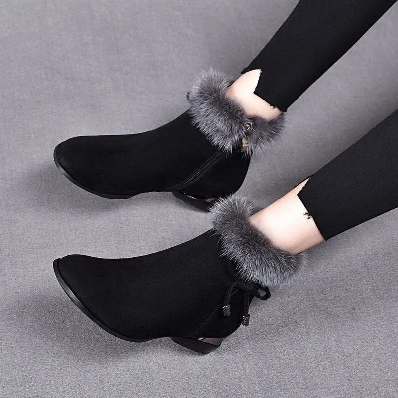 Johanna | Damen Ankle Boots Wildleder-Optik Kunstfell-Stiefeletten Blockabsatz