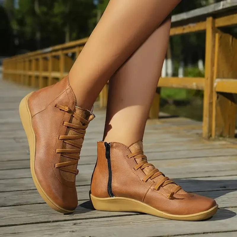 Greta | Damen Ankle Boots Schnürung Reißverschluss flache Sohle Stiefeletten