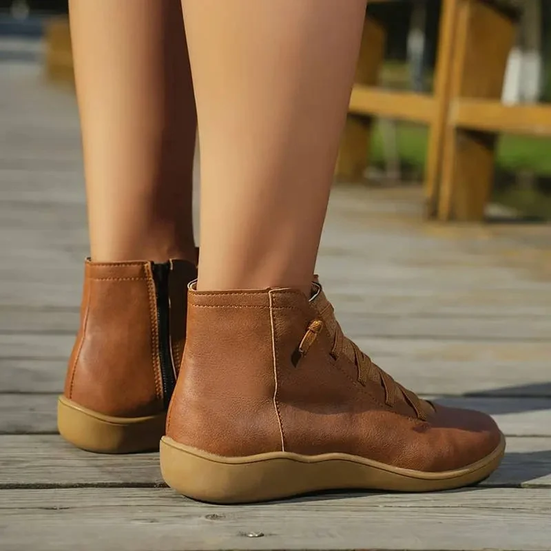 Greta | Damen Ankle Boots Schnürung Reißverschluss flache Sohle Stiefeletten