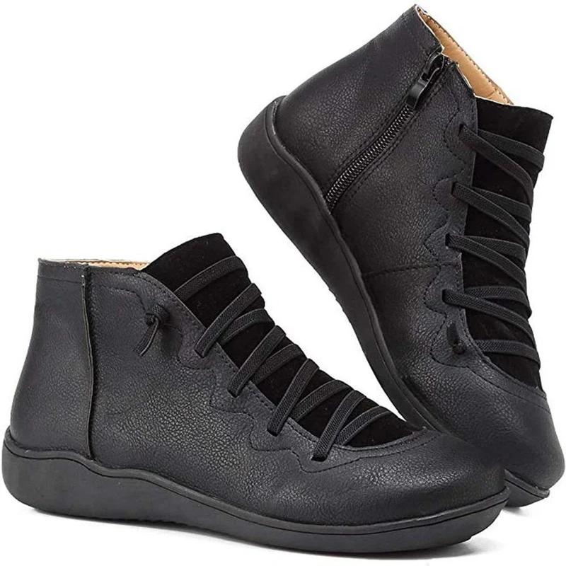 Greta | Damen Ankle Boots Schnürung Reißverschluss flache Sohle Stiefeletten