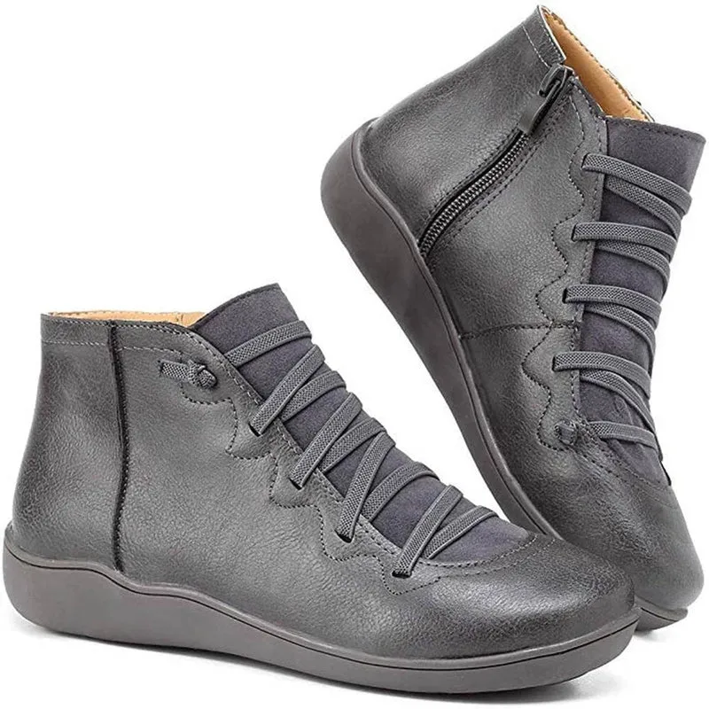 Greta | Damen Ankle Boots Schnürung Reißverschluss flache Sohle Stiefeletten