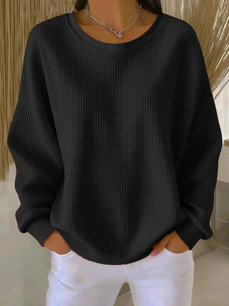 Amelie | Damen Waffelstrick Oversized Rundhals Langarm Pullover