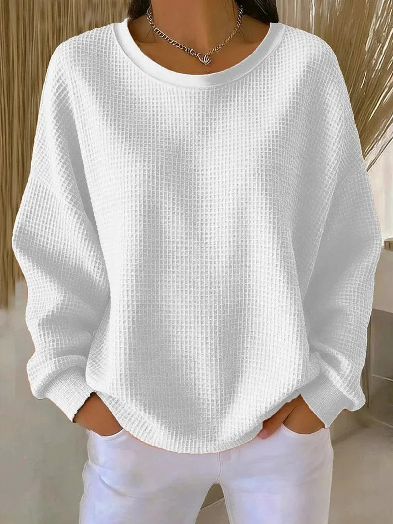 Amelie | Damen Waffelstrick Oversized Rundhals Langarm Pullover