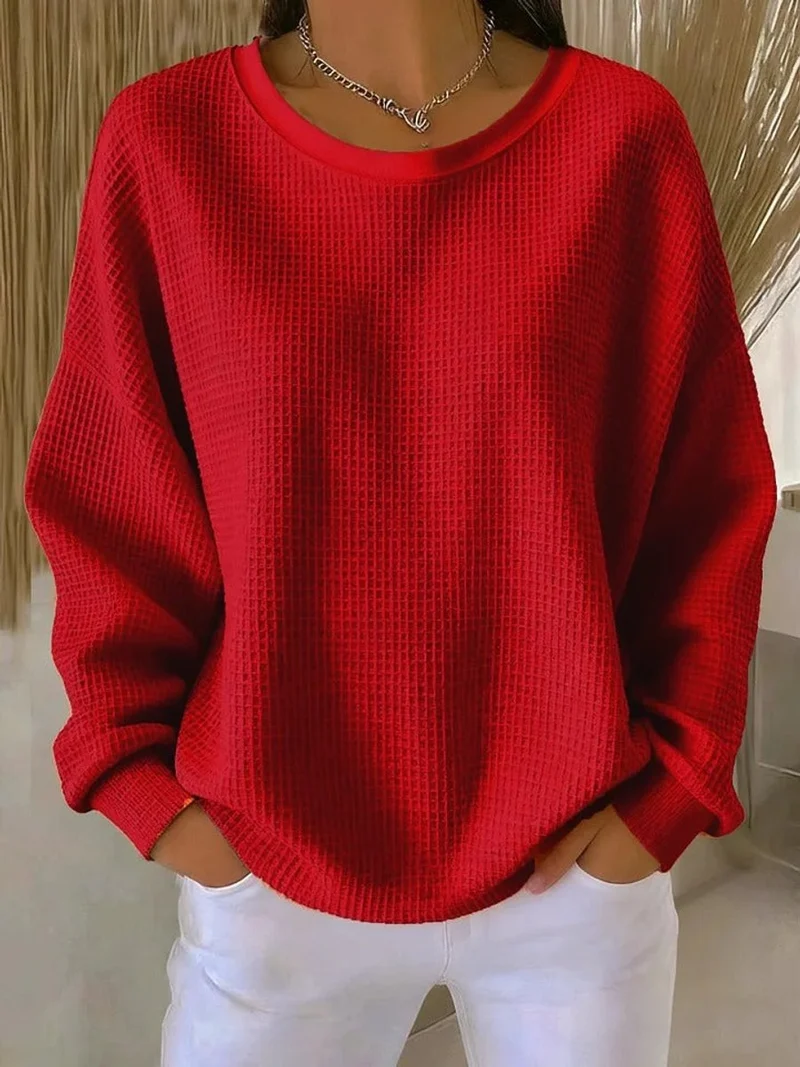 Amelie | Damen Waffelstrick Oversized Rundhals Langarm Pullover