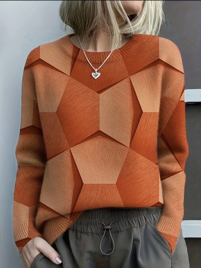 Nora | Damen Knit Sweater Geometrisches Muster Rundhals Langarm Pullover