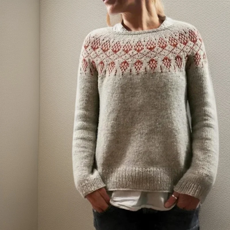 Frieda | Damen Rundhals Fair-Isle Knit Sweater Isländischer Strickpullover