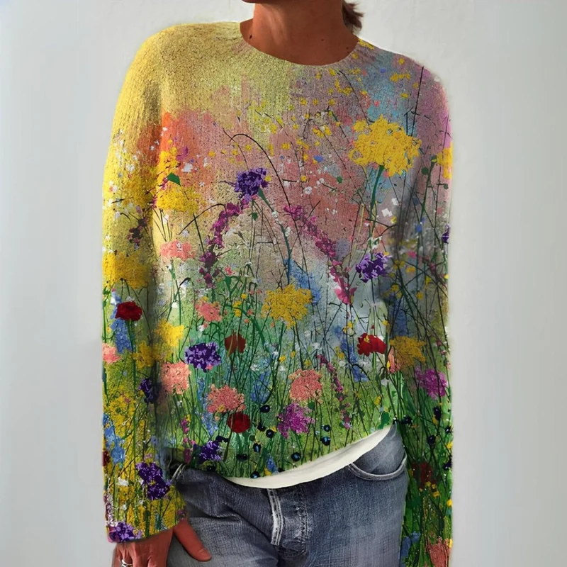 Sophie | Damen Floraler Knit Sweater Langarm Rundhals Pullover