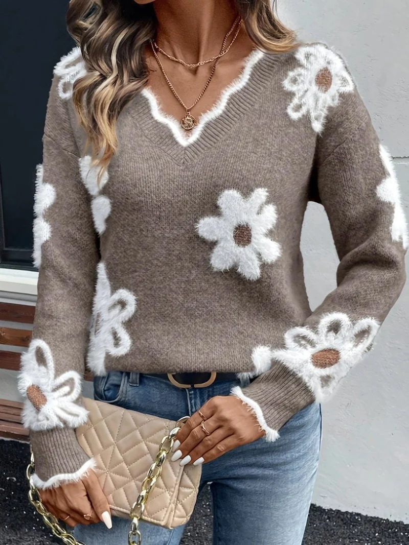 Hannah | Damen Floral V-Ausschnitt Knit Sweater mit Gänseblümchen-Muster