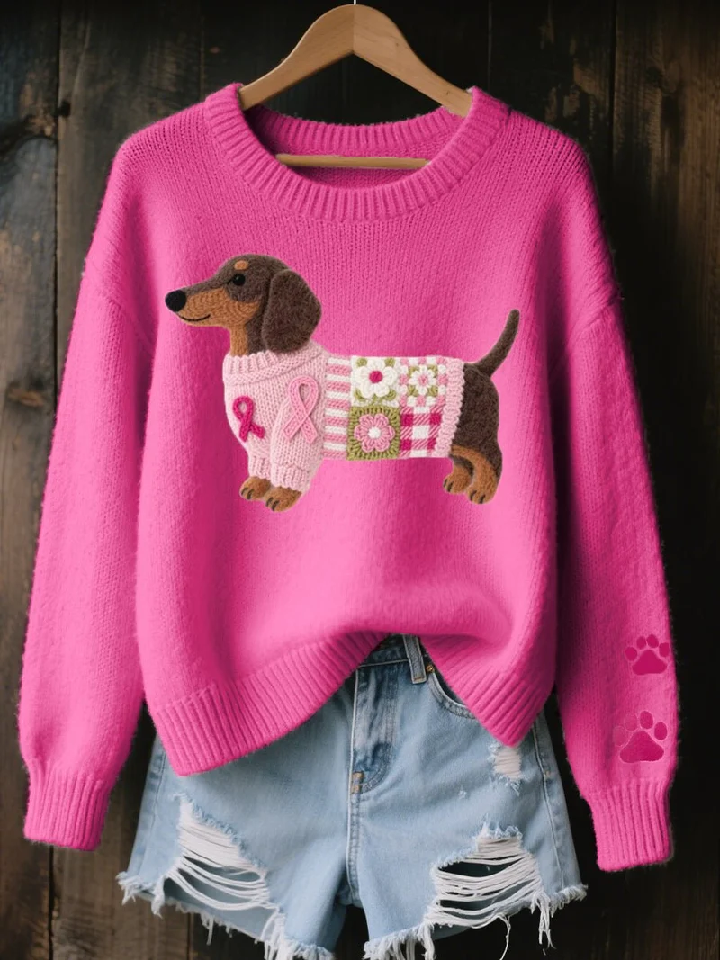 Johanna | Damen Dackel Patchwork Knit Sweater mit Pfotenabdruck-Detail