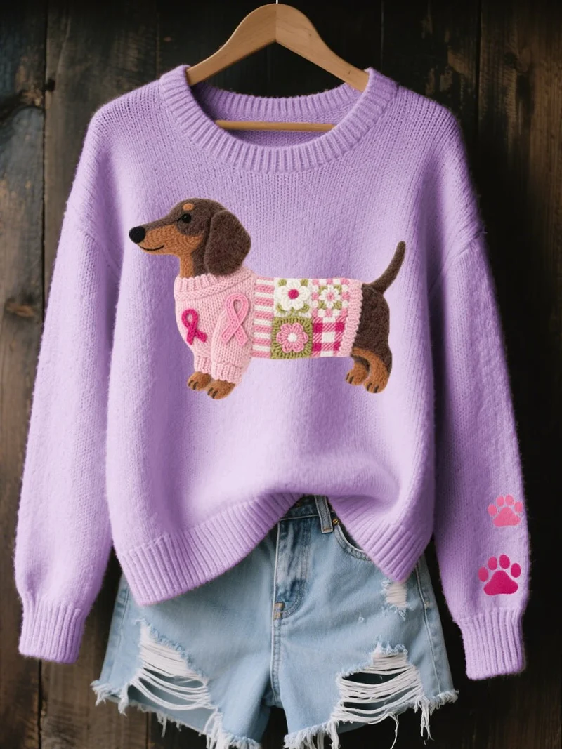 Johanna | Damen Dackel Patchwork Knit Sweater mit Pfotenabdruck-Detail