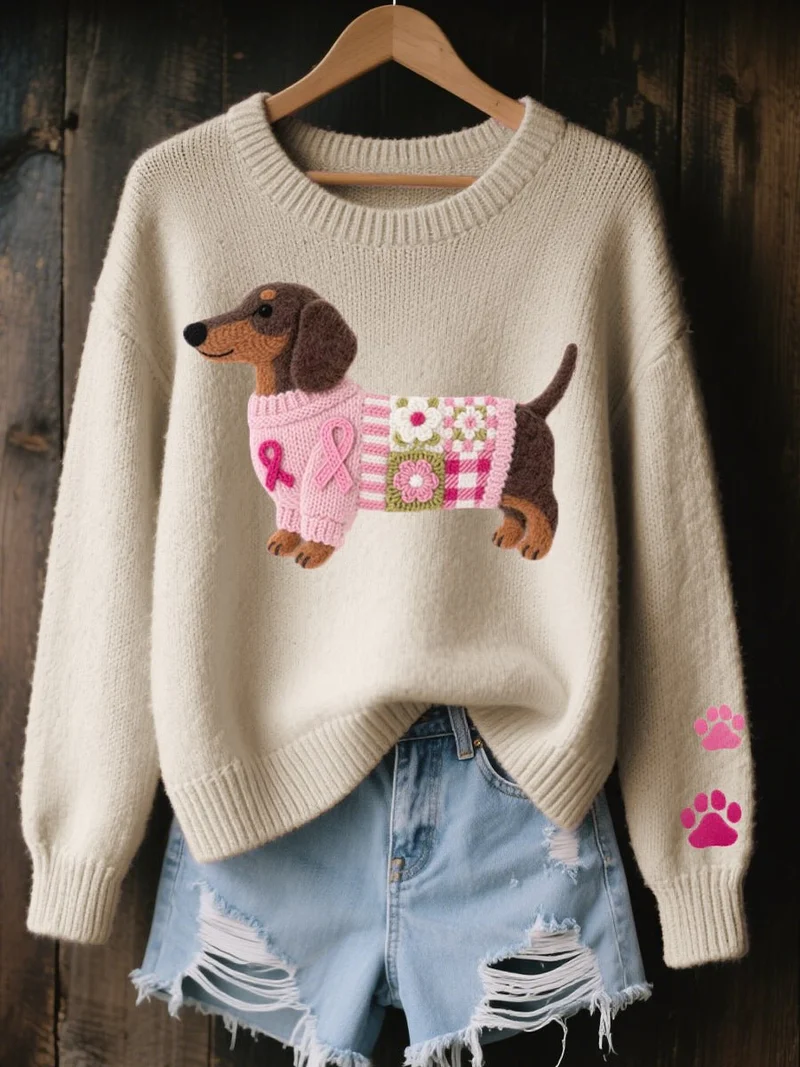 Johanna | Damen Dackel Patchwork Knit Sweater mit Pfotenabdruck-Detail
