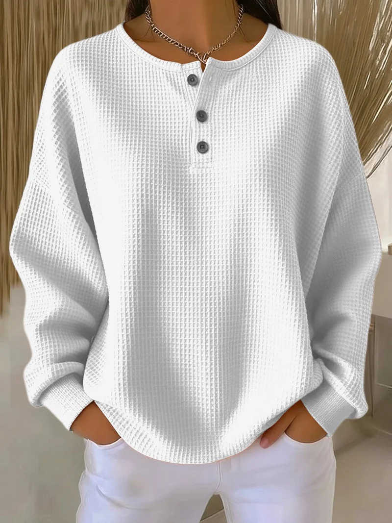Marlene | Damen Waffelstrick Knit Sweater Langarm Henley Pullover