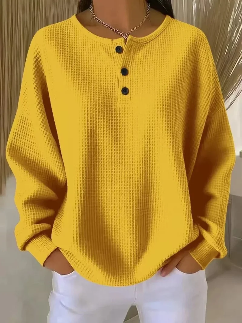 Marlene | Damen Waffelstrick Knit Sweater Langarm Henley Pullover