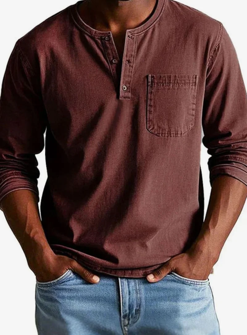 Felix | Herren Lässiges Langarm-Henleyshirt Lockere Passform Brusttasche