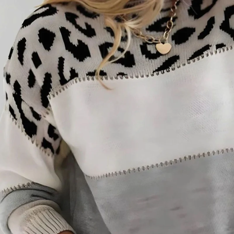 Mia | Damen Colorblock Strickpullover mit Farbblock und Leopardenmuster Rundhals