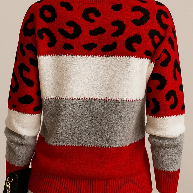 Mia | Damen Colorblock Strickpullover mit Farbblock und Leopardenmuster Rundhals
