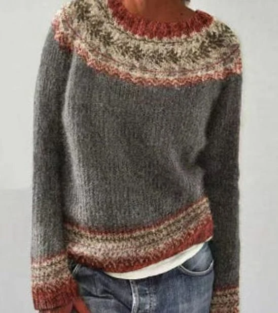 Hannah | Damen Strickpullover mit Buntem Muster für den Alltag Rundhalsausschnitt