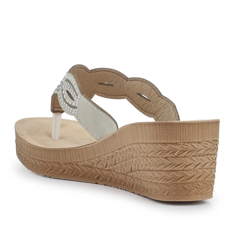Embellished Wedge Toe Post Sandals - INB41026 / 327 353 - Beige