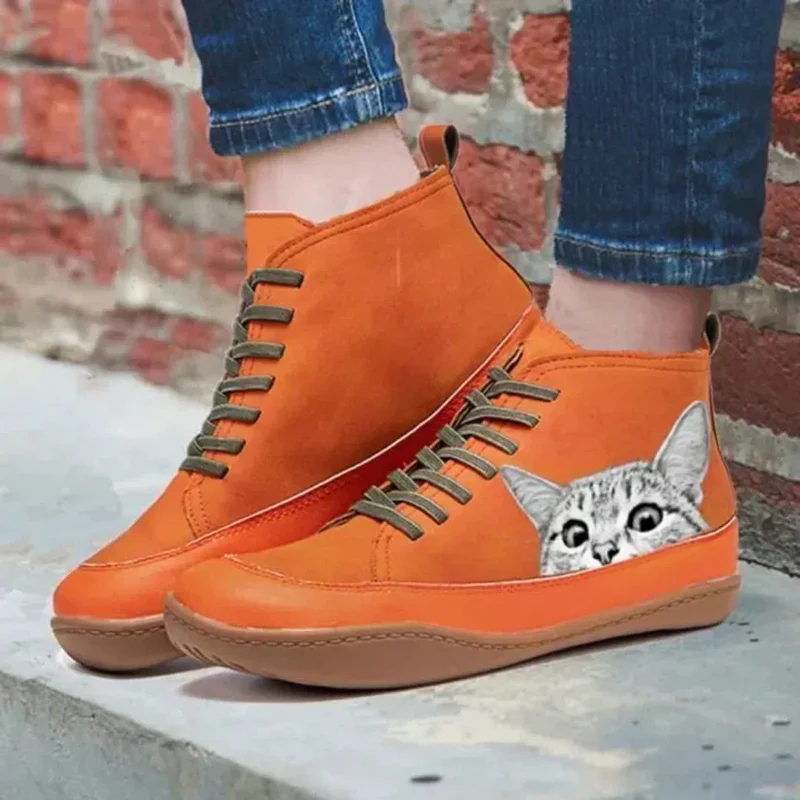 Luisa | Damen Katzenmotiv Schnür-Ankle Boots Leder-Stiefeletten