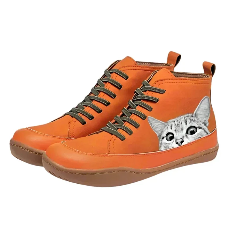 Luisa | Damen Katzenmotiv Schnür-Ankle Boots Leder-Stiefeletten