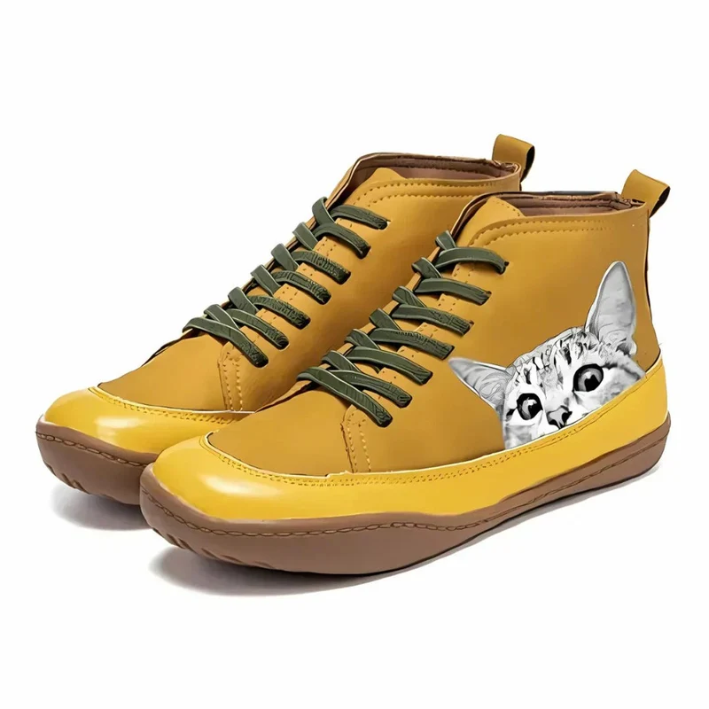 Luisa | Damen Katzenmotiv Schnür-Ankle Boots Leder-Stiefeletten