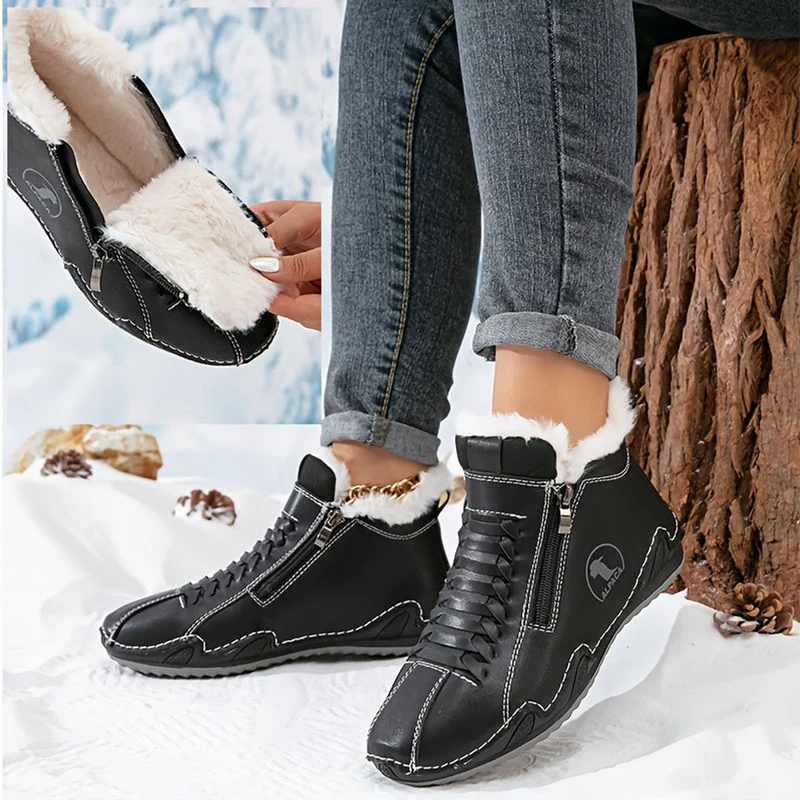 Elisabeth | Damen Gefütterte Ankle Boots Schnürstiefeletten Kunstfell Reißverschluss