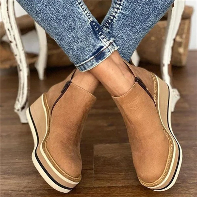 Katharina | Damen Keilabsatz Ankle Boots Kurzstiefel Reißverschluss Plateau