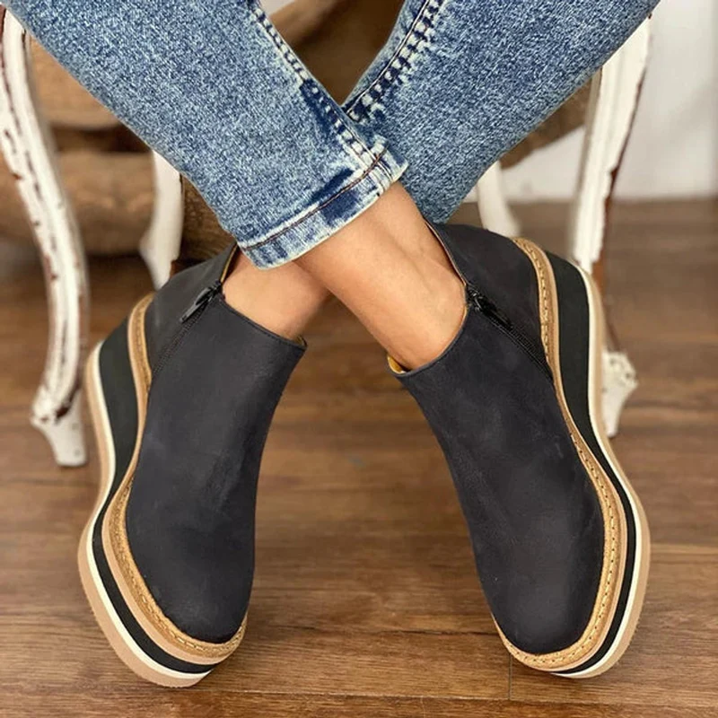 Katharina | Damen Keilabsatz Ankle Boots Kurzstiefel Reißverschluss Plateau