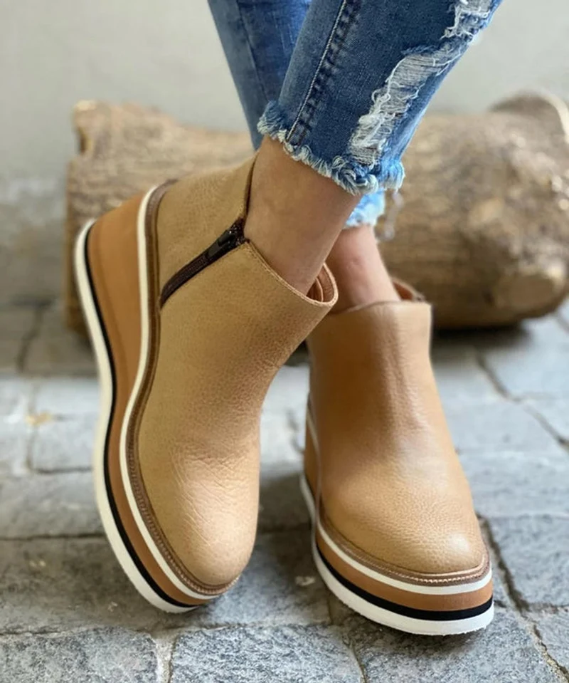 Katharina | Damen Keilabsatz Ankle Boots Kurzstiefel Reißverschluss Plateau