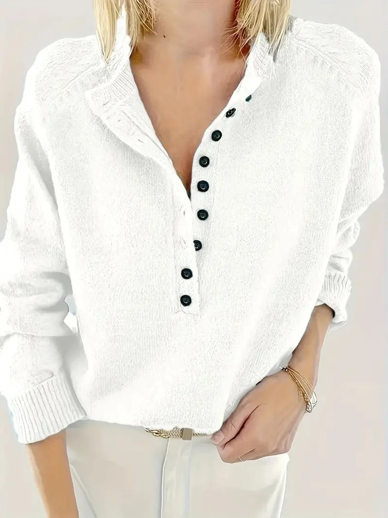 Annika | Damen Strickpullover mit V-Ausschnitt Halbknopfleiste Relaxed Fit