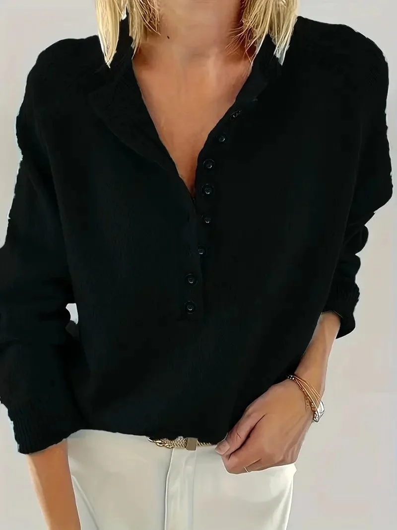 Annika | Damen Strickpullover mit V-Ausschnitt Halbknopfleiste Relaxed Fit