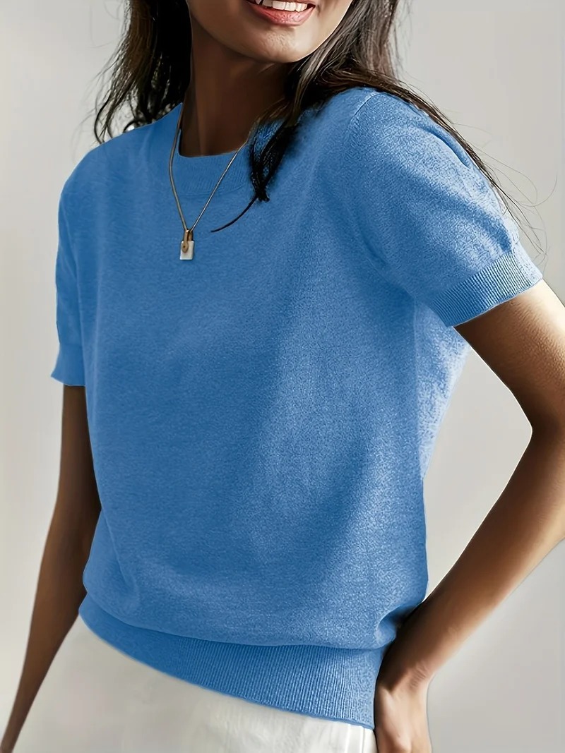 Elisabeth | Damen Kurzarm Knit Sweater Top Rundhals lockere Passform