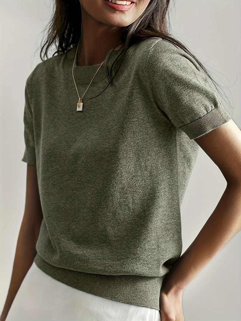 Elisabeth | Damen Kurzarm Knit Sweater Top Rundhals lockere Passform