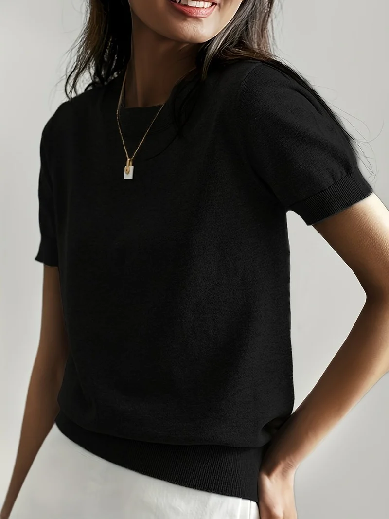 Elisabeth | Damen Kurzarm Knit Sweater Top Rundhals lockere Passform