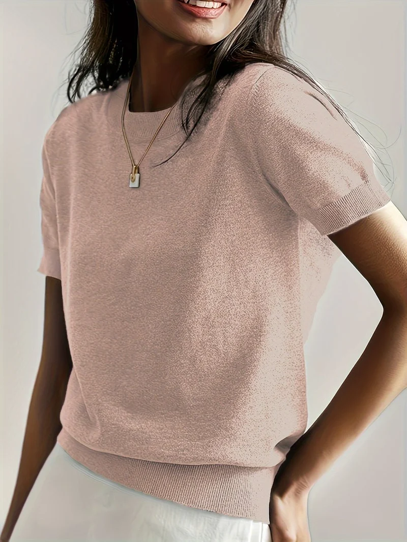 Elisabeth | Damen Kurzarm Knit Sweater Top Rundhals lockere Passform